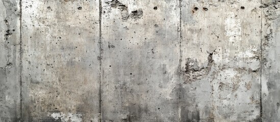 Weathered gray concrete wall texture with exposed rough patches and holes, suitable for background use in various design applications.