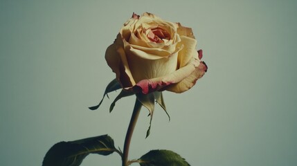 A delicate, soft-focus image of a single vibrant yellow rose with green leaves.