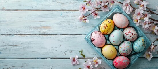 Colorful Easter eggs in a blue tray with pink and white cherry blossoms on a rustic teal wooden background for spring holiday celebrations