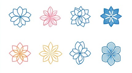 Eight stylized floral designs, isolated on white, for design projects