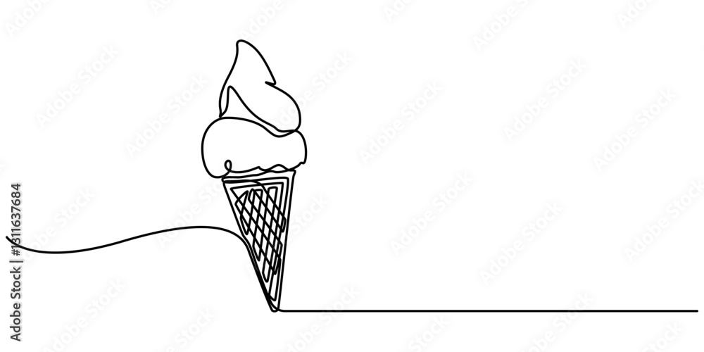 Aufkleber ice cream scoop on waffle cone continuous one line drawing, Ice cream on a stick and in a waffle cone in one continuous pattern. vector illustration,  Black line sketch on white background. Vector pro