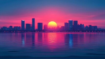 Obraz premium As the sun sets, the dynamic cityscape showcases glistening skyscrapers and silhouetted reflective waters