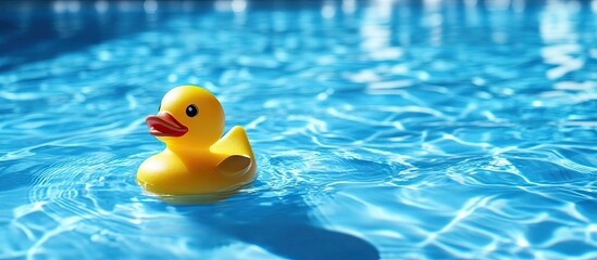 Bright yellow rubber duck floating in a clear blue swimming pool with shimmering water reflections, positioned center-right of the image.