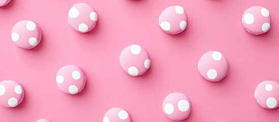 Top view of a vibrant pink background with evenly spaced white polka dots arranged in a grid pattern creating a playful and cheerful design