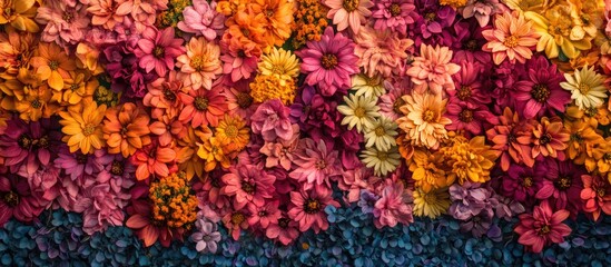 Obraz premium Vibrant multicolored floral backdrop featuring a gradient of pink, yellow, and orange flowers set against a deep blue base creating a lively composition