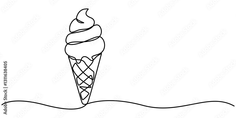 Aufkleber ice cream scoop on waffle cone continuous one line drawing, Ice cream on a stick and in a waffle cone in one continuous pattern. vector illustration,  Black line sketch on white background. Vector pro