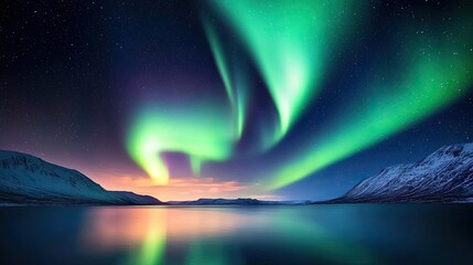 Naklejka premium Aurora borealis northern lights concept. Vibrant northern lights illuminate a serene landscape at night over tranquil waters.