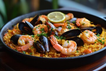 Paella with shrimp and lemon slices in a rustic pan