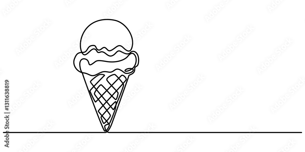 Poster ice cream scoop on waffle cone continuous one line drawing, Ice cream on a stick and in a waffle cone in one continuous pattern. vector illustration,  Black line sketch on white background. Vector pro
