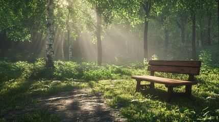 A wooden bench placed in the middle of a peaceful