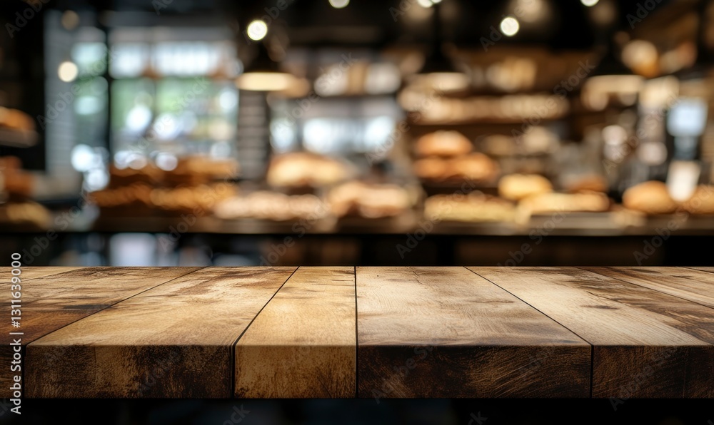 Poster wooden table in bakery setting with bread display in background