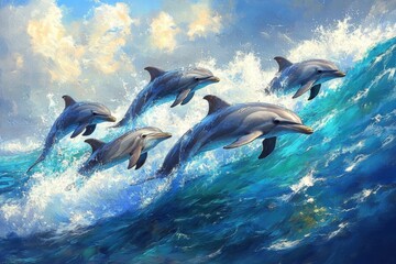 Naklejka premium Group of dolphins jumping out of the ocean waves