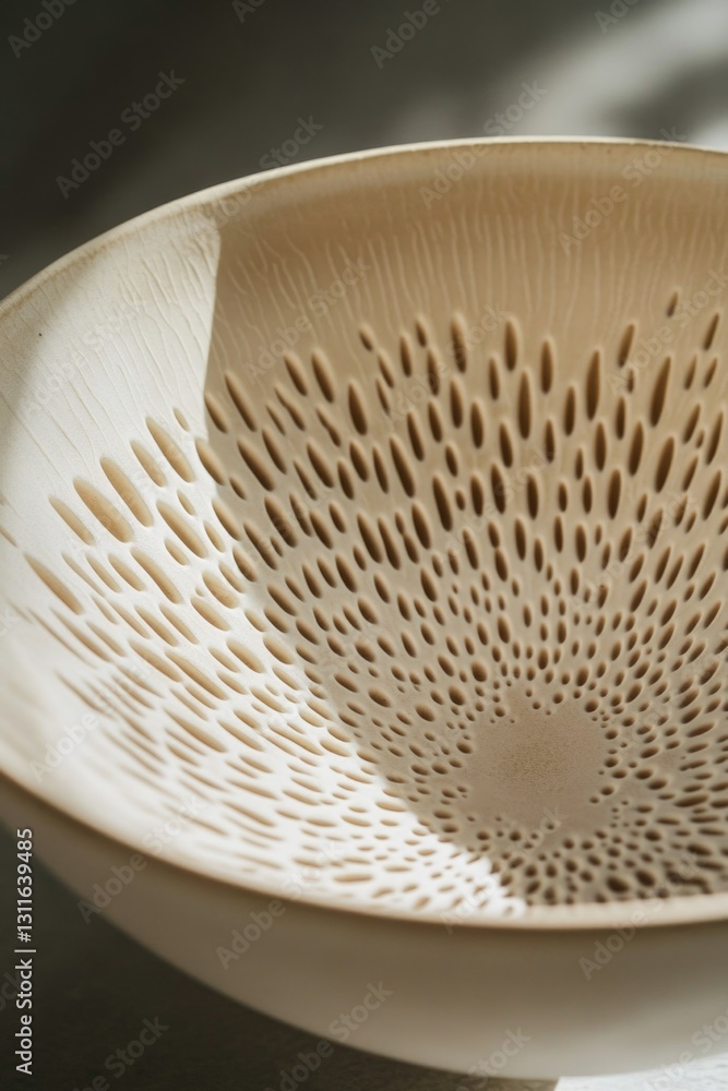 Poster a white bowl with a unique design of holes is displayed. the bowl is made of a white material and ha