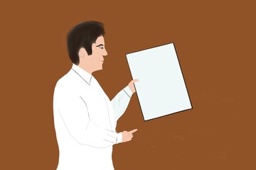 Man pointing at tablet with blank white screen, displaying  app interfaces or advertising content