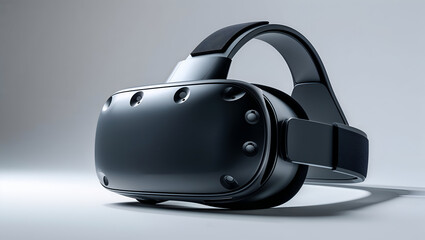 Sleek Modern Virtual Reality Headset with Glossy Black Finish and Sensor-Rich Front Panel Against Gradient Gray Background