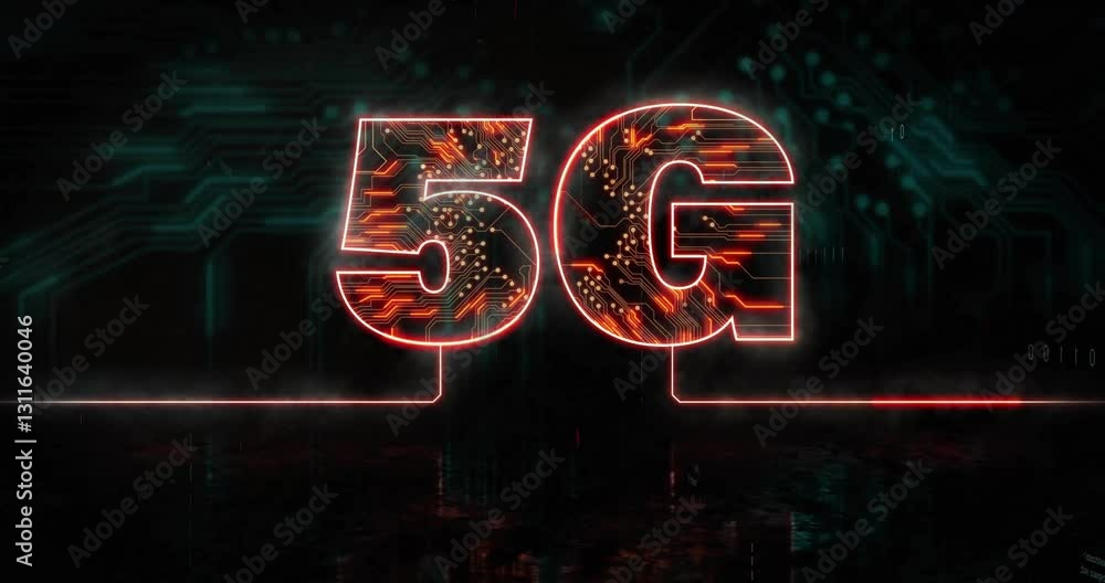 Poster glowing circuit patterns and 5g text on dark digital background animation