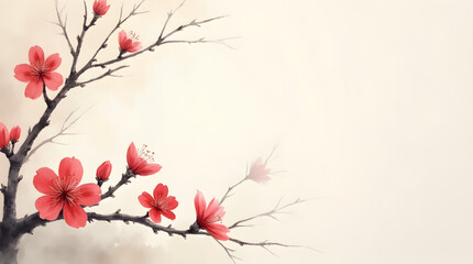 Elegant Artistic Watercolor Painting Red Plum Blossoms Tree Branch Asian Ink Wash Sumi-e Floral Art Nature Spring Home Decoration