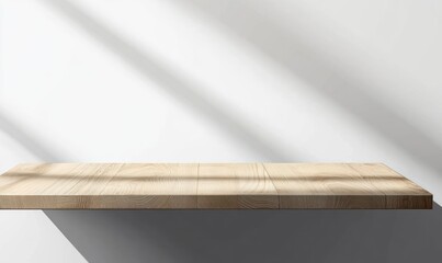 Wooden Shelf Against White Wall with Window Light Mockup Display