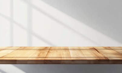 Wood Table Top with Sunlight and Shadow Over White Wall Background