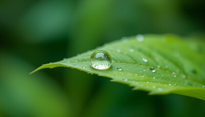 Single Raindrop on Vibrant Green Leaf