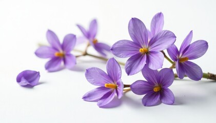 Delicate dried violet flowers on a crisp white background, still life, flower painting, dried violet flowers