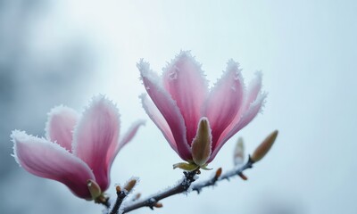 Icy magnolia flowers blooming under a pale blue sky, gentle frost clinging to petals and twigs.