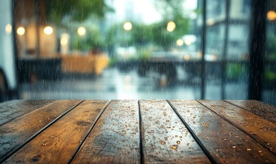Rain Falling Outside Restaurant Window with Wooden Table and Water Droplets