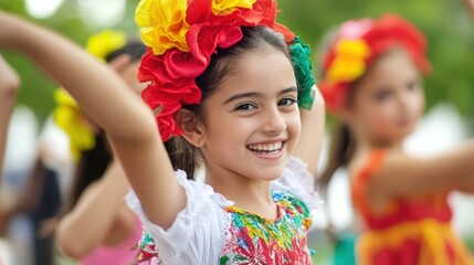 A Spanish mother and her children dance flamenco together in colorful costumes. 