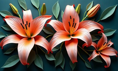 Obraz premium Elegant fantasy lilies, sculpted paper texture, luminescent colors, intricate depth and details.