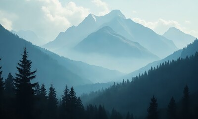 Fototapeta premium Dramatic mountain peaks covered in mist, dense evergreen forest, cinematic lighting, serene ambiance.