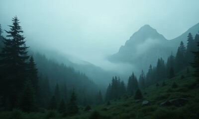 Mystical foggy forest, jagged peaks in the distance, lush green nature, moody cinematic depth.