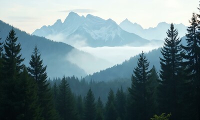 Fototapeta premium Dense pine woods with low-hanging mist, majestic peaks behind, dreamy light, tranquil nature scene.