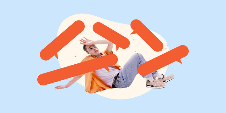 Creative art collage. Young man in casual outfit overwhelmed by floating speech bubbles, symbolizing online pressure, digital overload. Concept of internet influence, social media, information flow. - Powered by Adobe