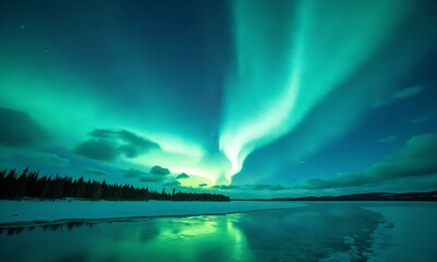 Naklejka premium Stunning Arctic night, aurora swirls across the sky, icy lake reflecting the glowing northern lights.
