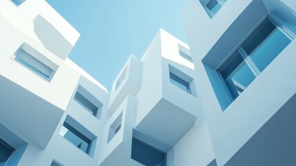 Modern white building complex, sunny day, blue sky, architecture