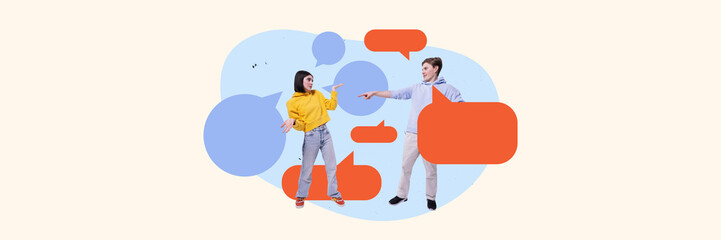 Modern artwork. Two young people surrounded by floating speech bubbles, actively gesturing while...