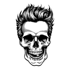 Hipster Skull with Hair Style Front View Anatomy Detailed Black and White Outline Line Art Drawing