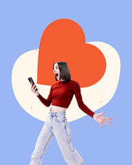 Contemporary art collage. Young woman reacting with excitement to phone, oversized heart behind her...