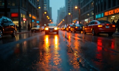 Obraz premium Rainy metropolis, warm city lights bouncing off wet pavement, deep focus on reflections, cozy yet mysterious.