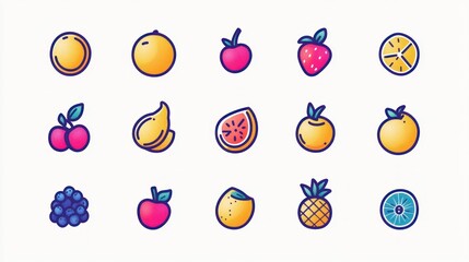 Colorful fruit icons set, healthy food, flat design, graphic illustration, digital art, stock, use for website