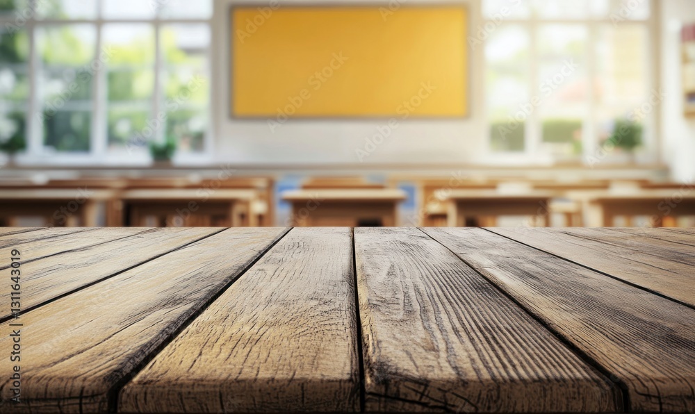 Aufkleber wooden table in empty classroom setting with blackboard and desks