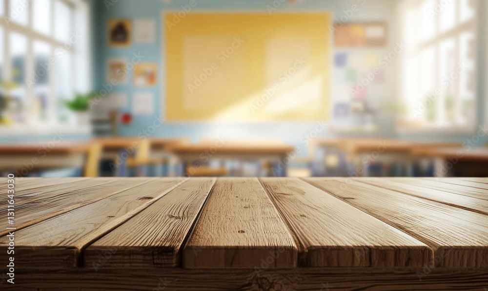 Poster empty wooden table in classroom for product display or background