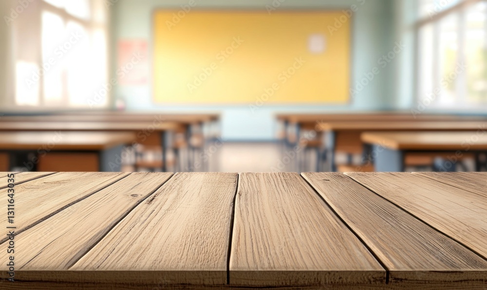 Poster empty wooden table top with blurred classroom background for product display