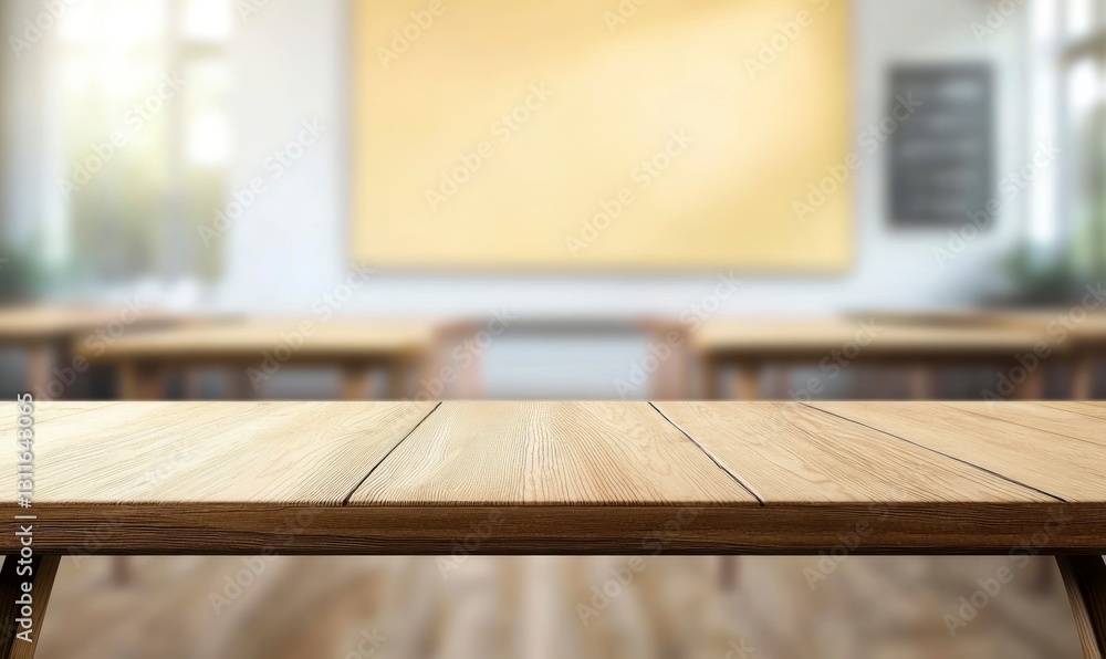 Poster wooden table top in empty classroom with board and light background