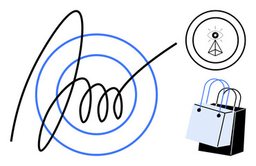 Black swirling line on blue concentric circles, geometric eye in circle, shopping bags. Ideal for business goals, vision, strategy, online shopping, abstract concepts, modern design retail