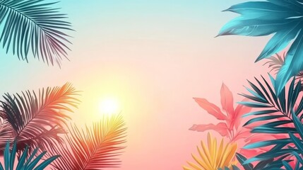 Obraz premium A lively sunset framed by tropical palm leaves, painted softly against a watercolor sky