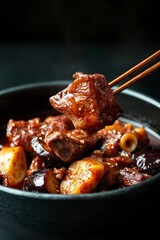 Eating Braised Pork Ribs with Chopsticks Close Up Food Photography
