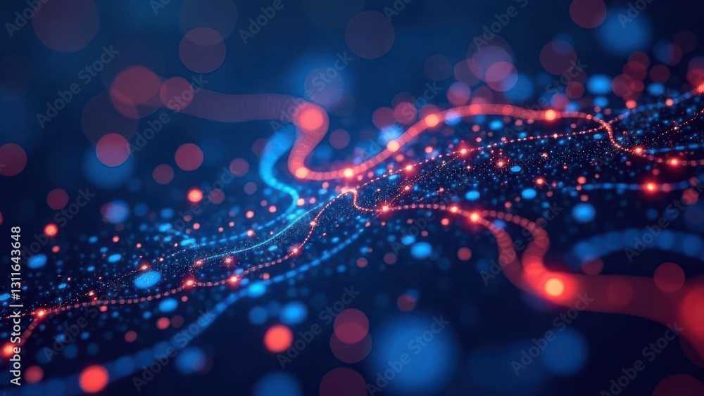 Poster intertwining lines of blue and red light create a vivid display of digital connections resembling a 