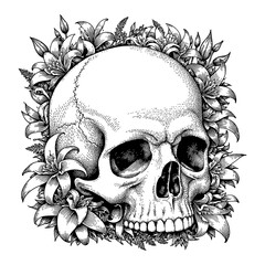 Obraz premium Detailed Skull Surrounded by Lily Flowers Black and White Outline Line Art Drawing Engraving Style