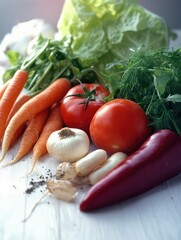 Colorful assortment of vegetables on a white surface.